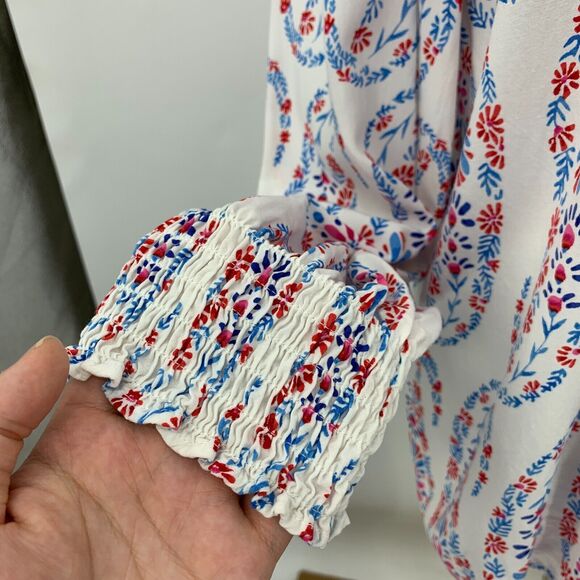 Talbots Blouse Womens M Medium White Blue Shirred Notch Floral Peasant Paisley - Picture 4 of 14